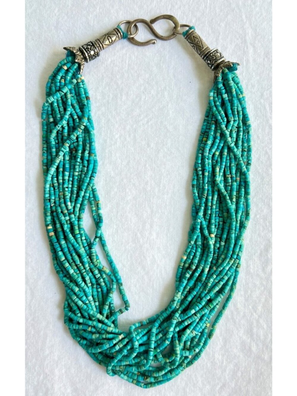 Vintage Multistrand Turquoise Heishi Necklace Sterling Silver Clasp 53g 15.5"